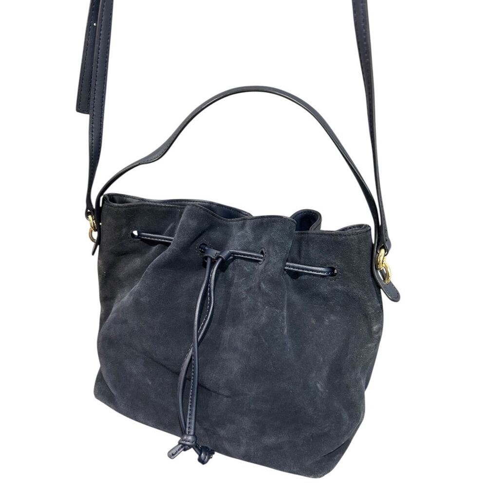 Talbots Blue Suede Drawstring Bucket Bag Purse Top Handle and Strap - Picture 7 of 13